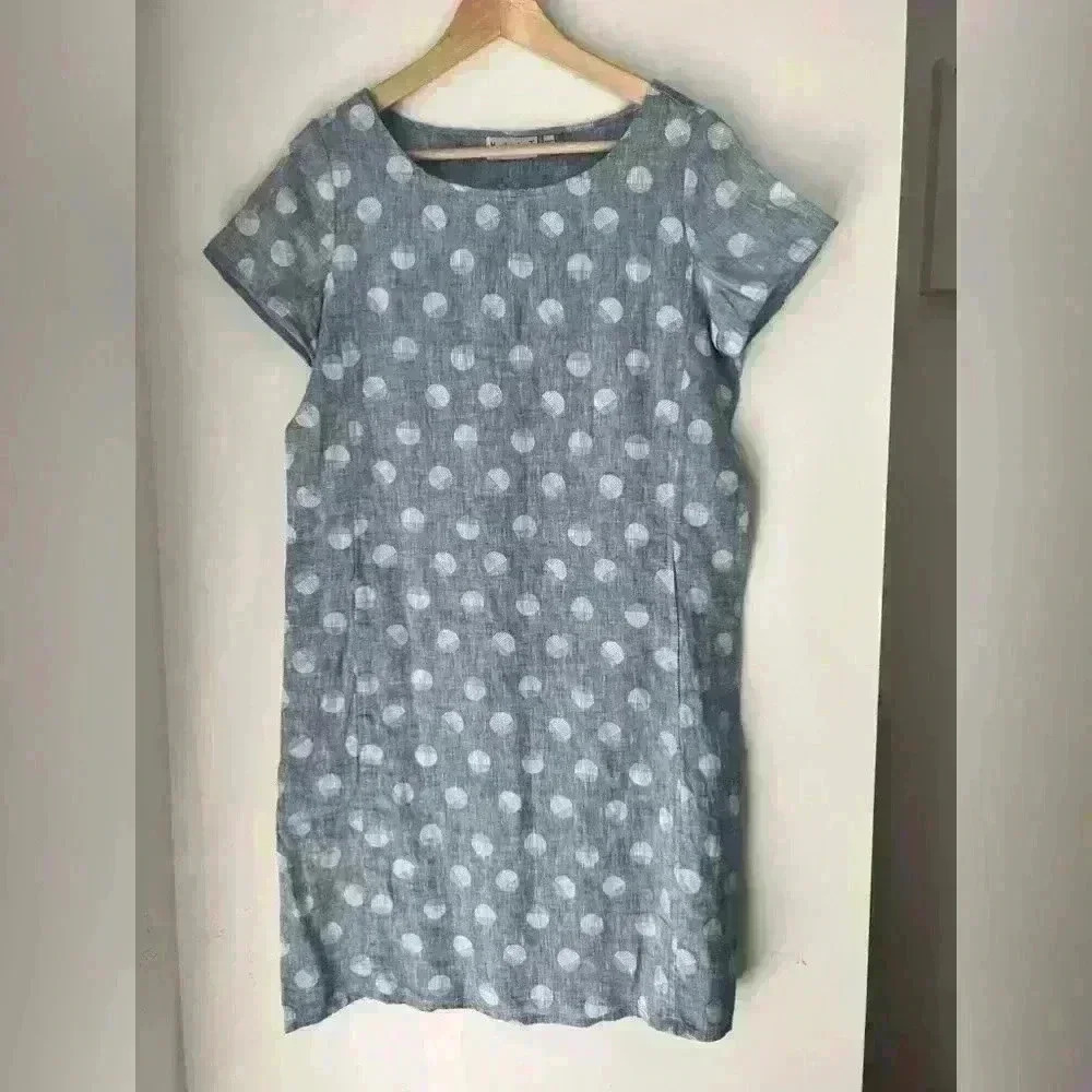 Habitat Women’s 100% Linen Blue Pull Over Polka Dot Travel Coastal Midi Dress XS - Picture 12 of 14